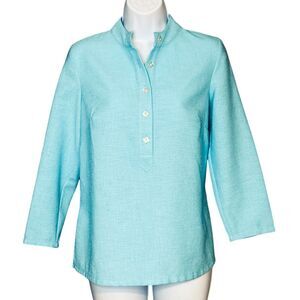 Mary G Palm Beach Suzanne Travel Blouse Linen Look Aqua Blue Button Tunic Small